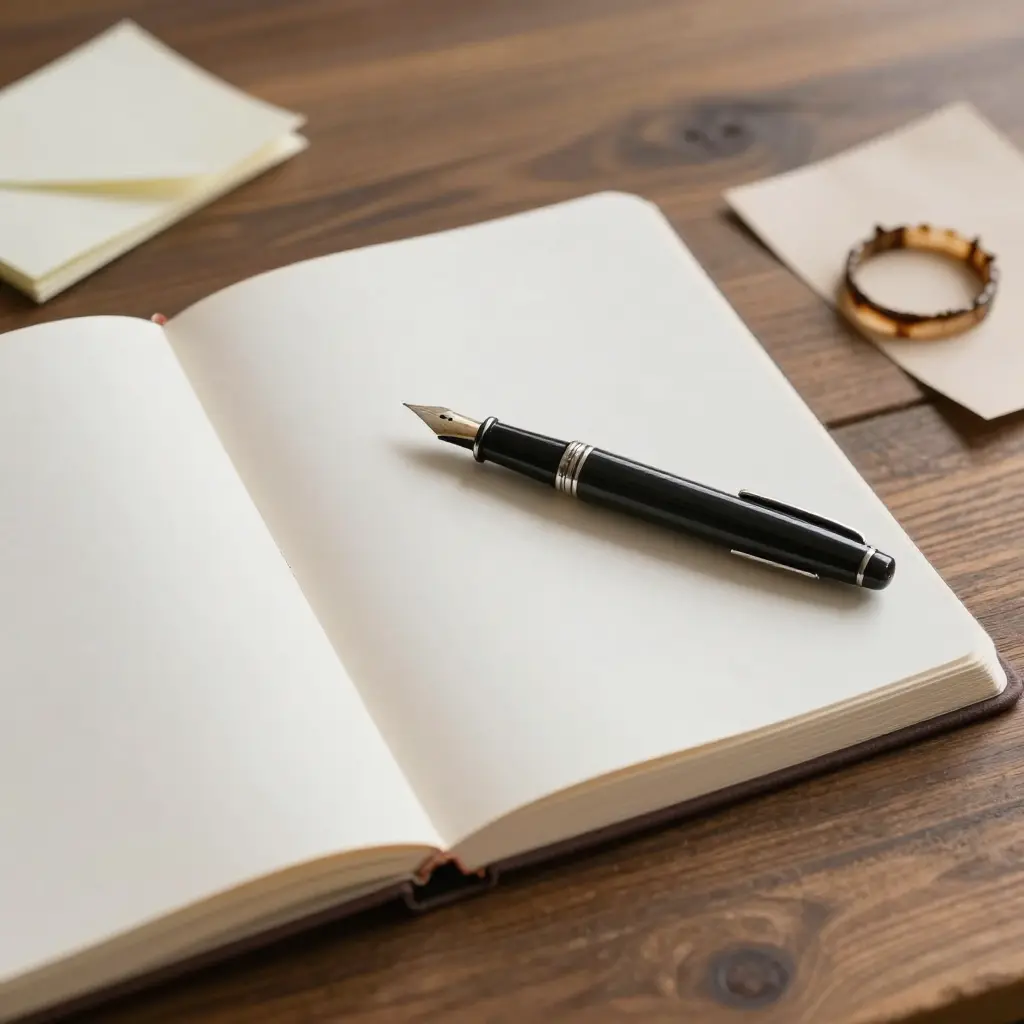 Open journal with pen on a wooden desk in natural light